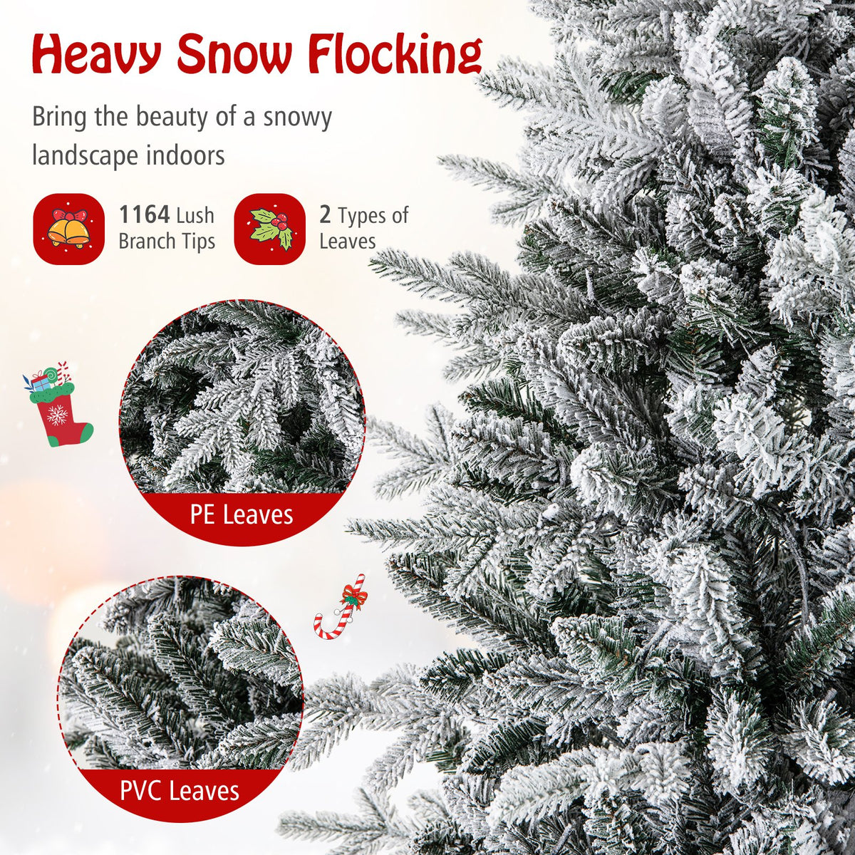 7 Feet Flocked Christmas Tree with 8 Lighting Modes and Multi-Color LED Lights-7 ft view 6