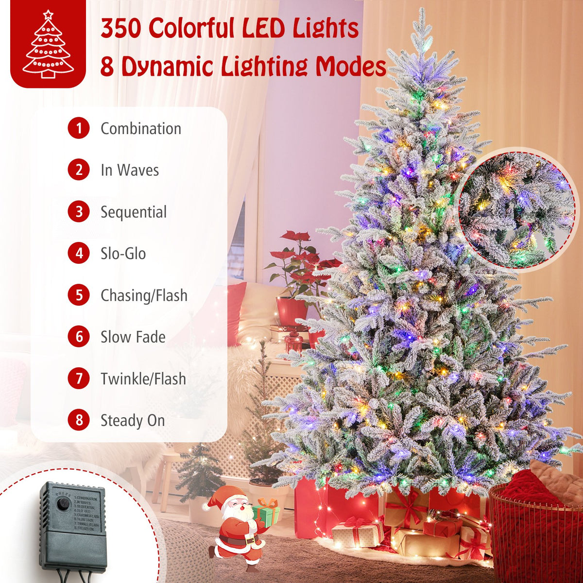 7 Feet Flocked Christmas Tree with 8 Lighting Modes and Multi-Color LED Lights-7 ft view 7