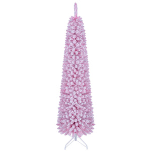 Flocked Pencil Christmas Tree with 8 Modes Pre-Lit Artificial Fir Xmas Tree-6 FT