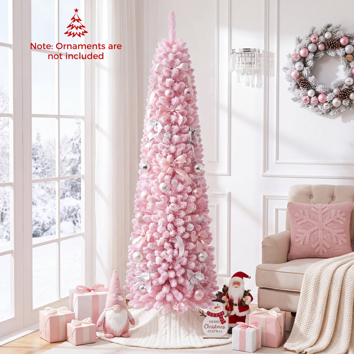 Flocked Pencil Christmas Tree with 8 Modes Pre-Lit Artificial Fir Xmas Tree-6 FT view 3