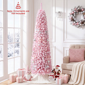 Flocked Pencil Christmas Tree with 8 Modes Pre-Lit Artificial Fir Xmas Tree-6 FT view 3