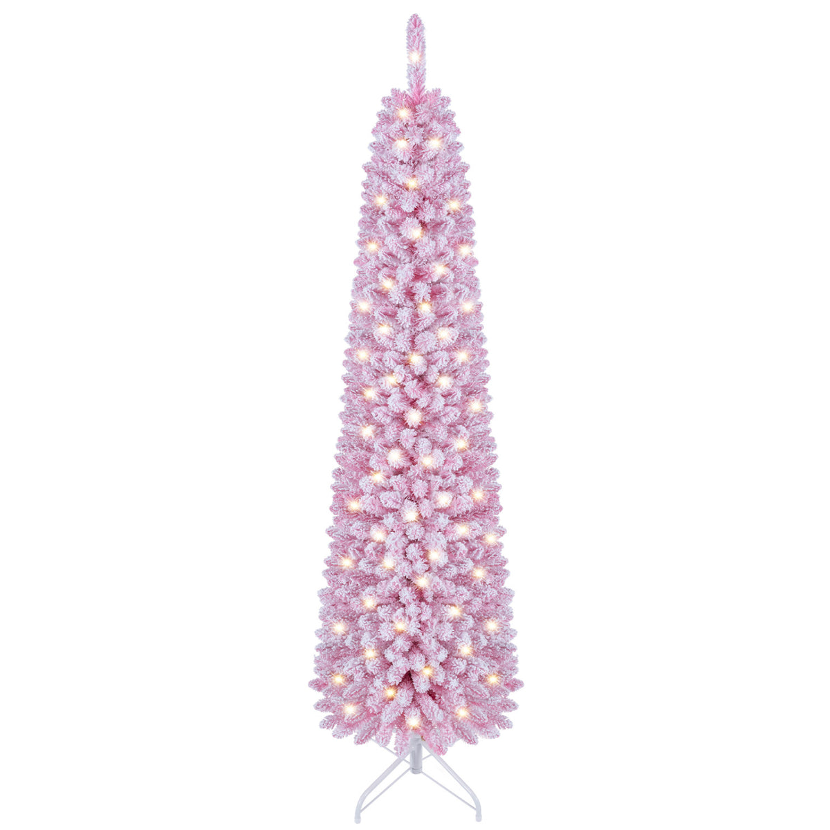 Flocked Pencil Christmas Tree with 8 Modes Pre-Lit Artificial Fir Xmas Tree-6 FT view 4
