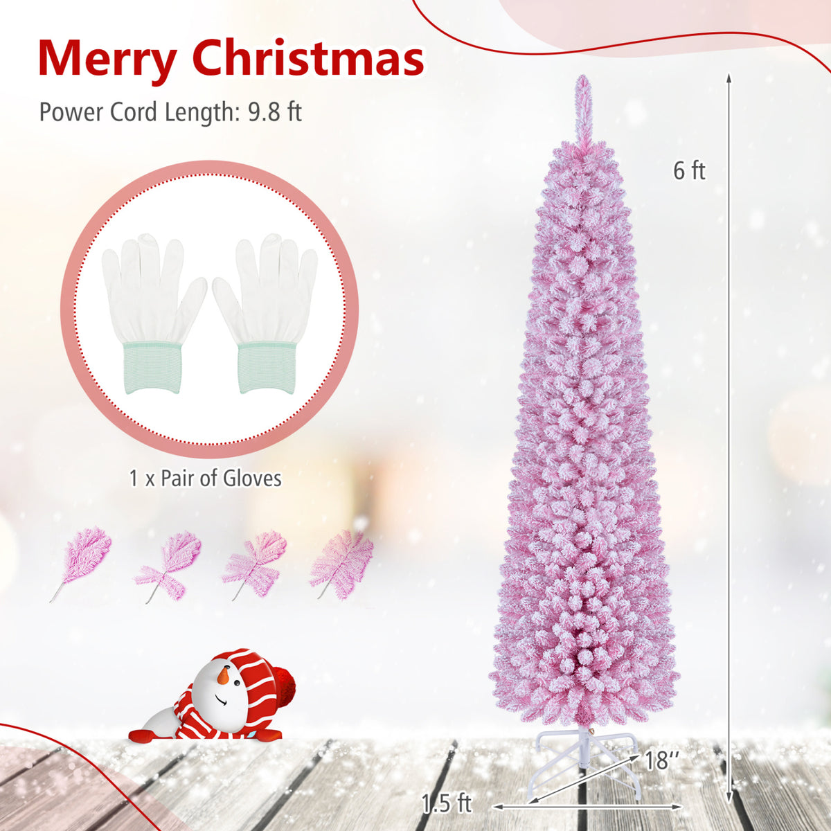 Flocked Pencil Christmas Tree with 8 Modes Pre-Lit Artificial Fir Xmas Tree-6 FT view 5