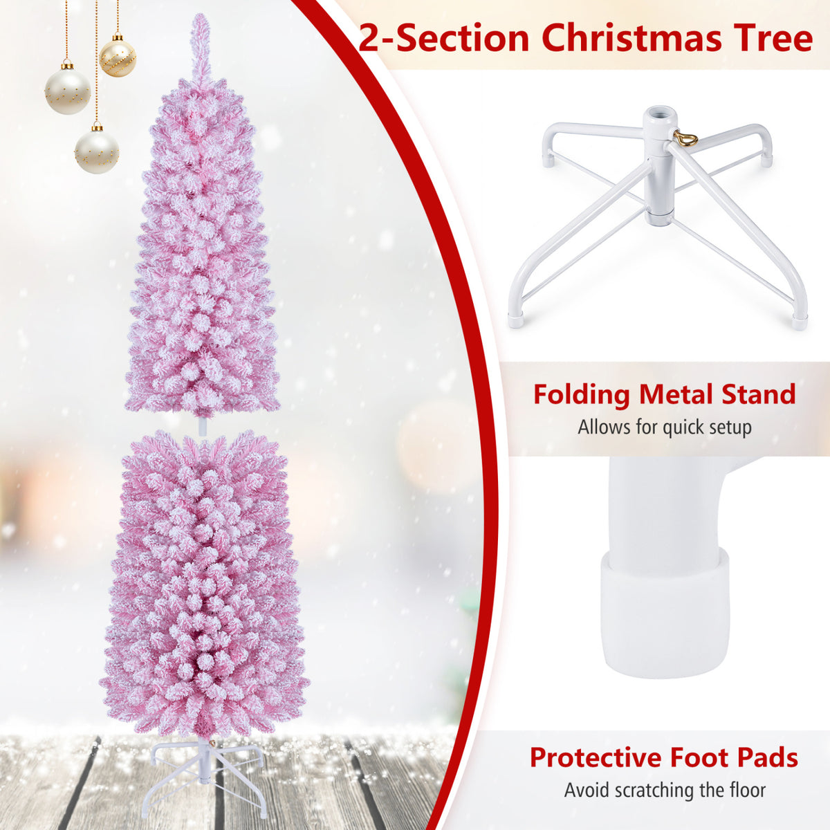 Flocked Pencil Christmas Tree with 8 Modes Pre-Lit Artificial Fir Xmas Tree-6 FT view 6