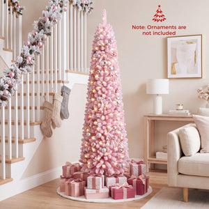 Flocked Pencil Christmas Tree with 8 Modes Pre-Lit Artificial Fir Xmas Tree-6 FT view 7