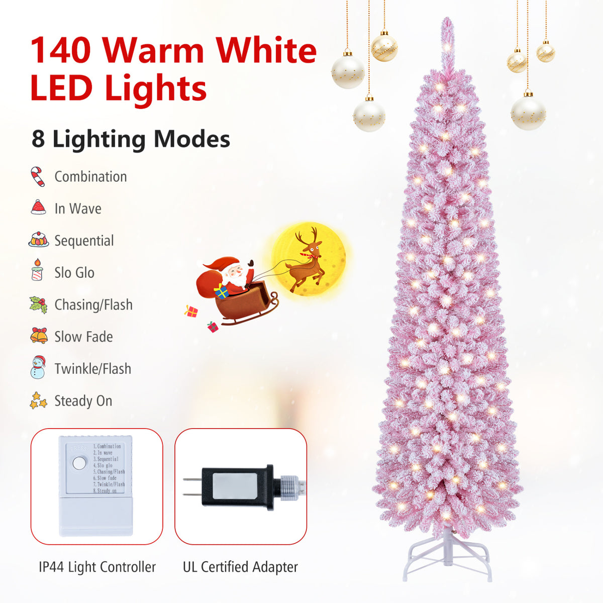 Flocked Pencil Christmas Tree with 8 Modes Pre-Lit Artificial Fir Xmas Tree-6 FT view 9