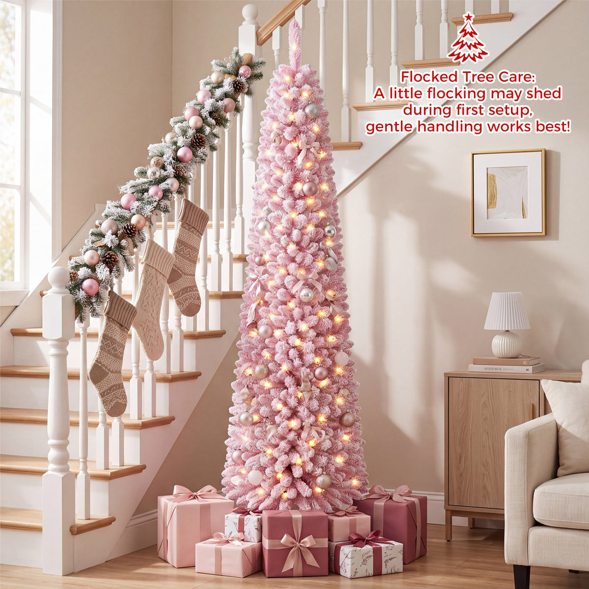 Flocked Pencil Christmas Tree with 8 Modes Pre-Lit Artificial Fir Xmas Tree-7 FT view 2