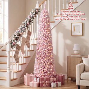 Flocked Pencil Christmas Tree with 8 Modes Pre-Lit Artificial Fir Xmas Tree-7 FT view 2