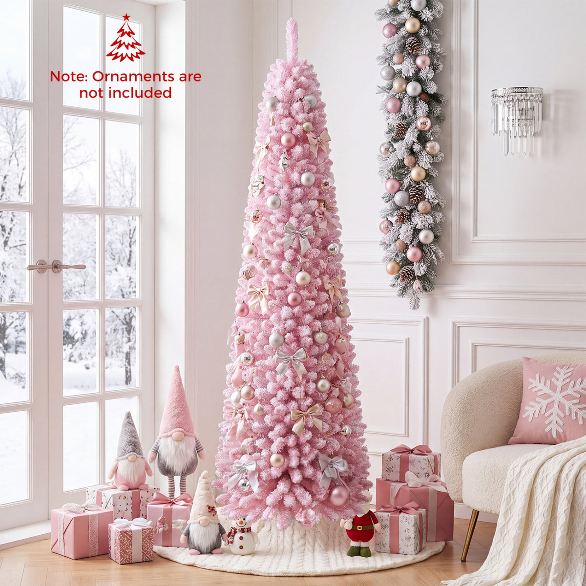 Flocked Pencil Christmas Tree with 8 Modes Pre-Lit Artificial Fir Xmas Tree-7 FT view 3