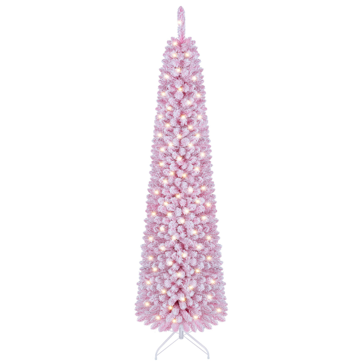Flocked Pencil Christmas Tree with 8 Modes Pre-Lit Artificial Fir Xmas Tree-7 FT view 4