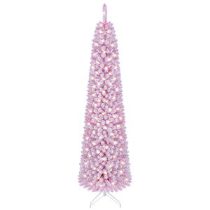 Flocked Pencil Christmas Tree with 8 Modes Pre-Lit Artificial Fir Xmas Tree-7 FT view 4