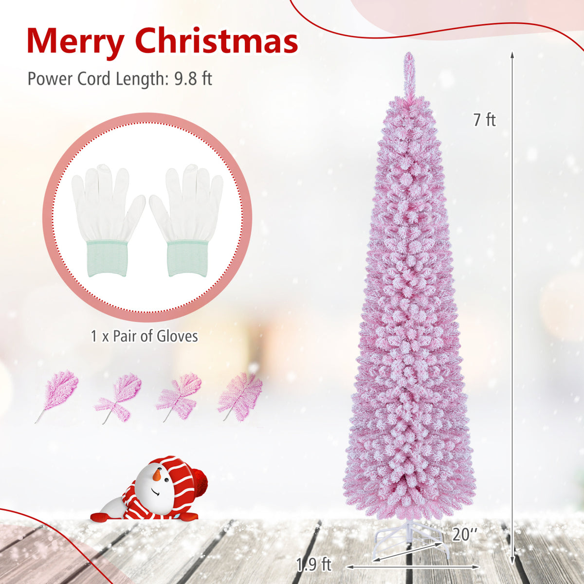Flocked Pencil Christmas Tree with 8 Modes Pre-Lit Artificial Fir Xmas Tree-7 FT view 5