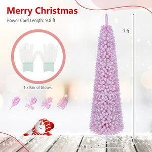 Flocked Pencil Christmas Tree with 8 Modes Pre-Lit Artificial Fir Xmas Tree-7 FT view 5