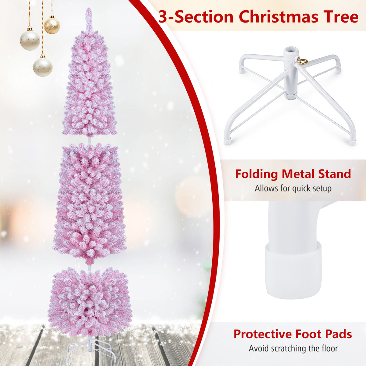 Flocked Pencil Christmas Tree with 8 Modes Pre-Lit Artificial Fir Xmas Tree-7 FT view 6