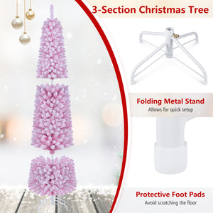 Flocked Pencil Christmas Tree with 8 Modes Pre-Lit Artificial Fir Xmas Tree-7 FT view 6