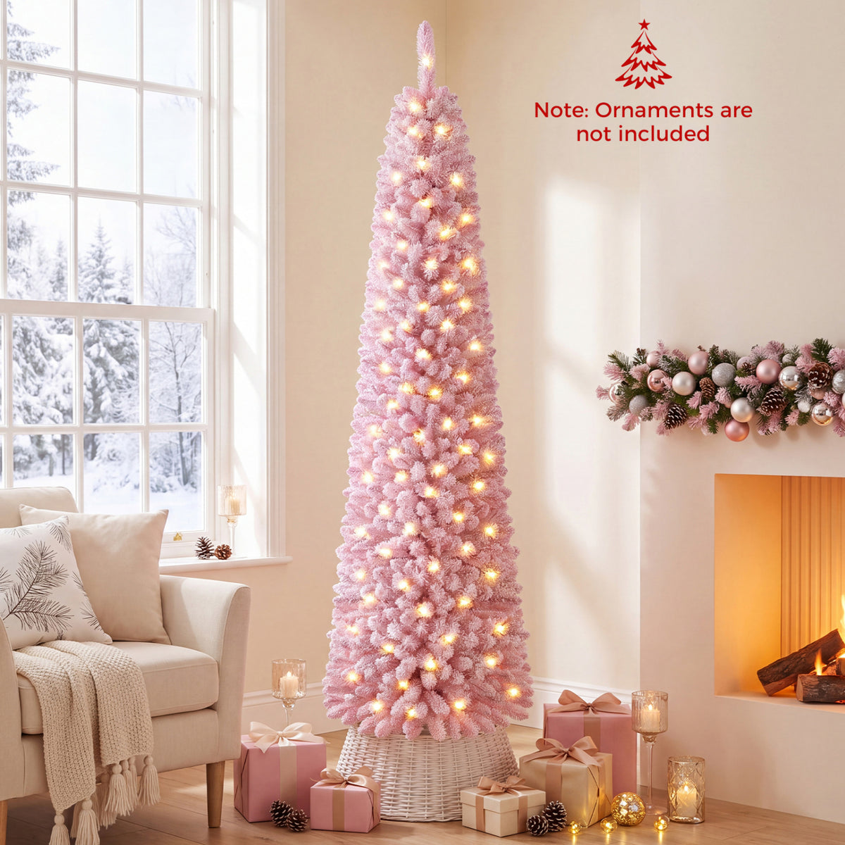 Flocked Pencil Christmas Tree with 8 Modes Pre-Lit Artificial Fir Xmas Tree-7 FT view 7