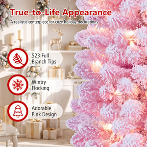Flocked Pencil Christmas Tree with 8 Modes Pre-Lit Artificial Fir Xmas Tree-7 FT view 8