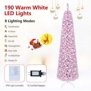 Flocked Pencil Christmas Tree with 8 Modes Pre-Lit Artificial Fir Xmas Tree-7 FT view 9