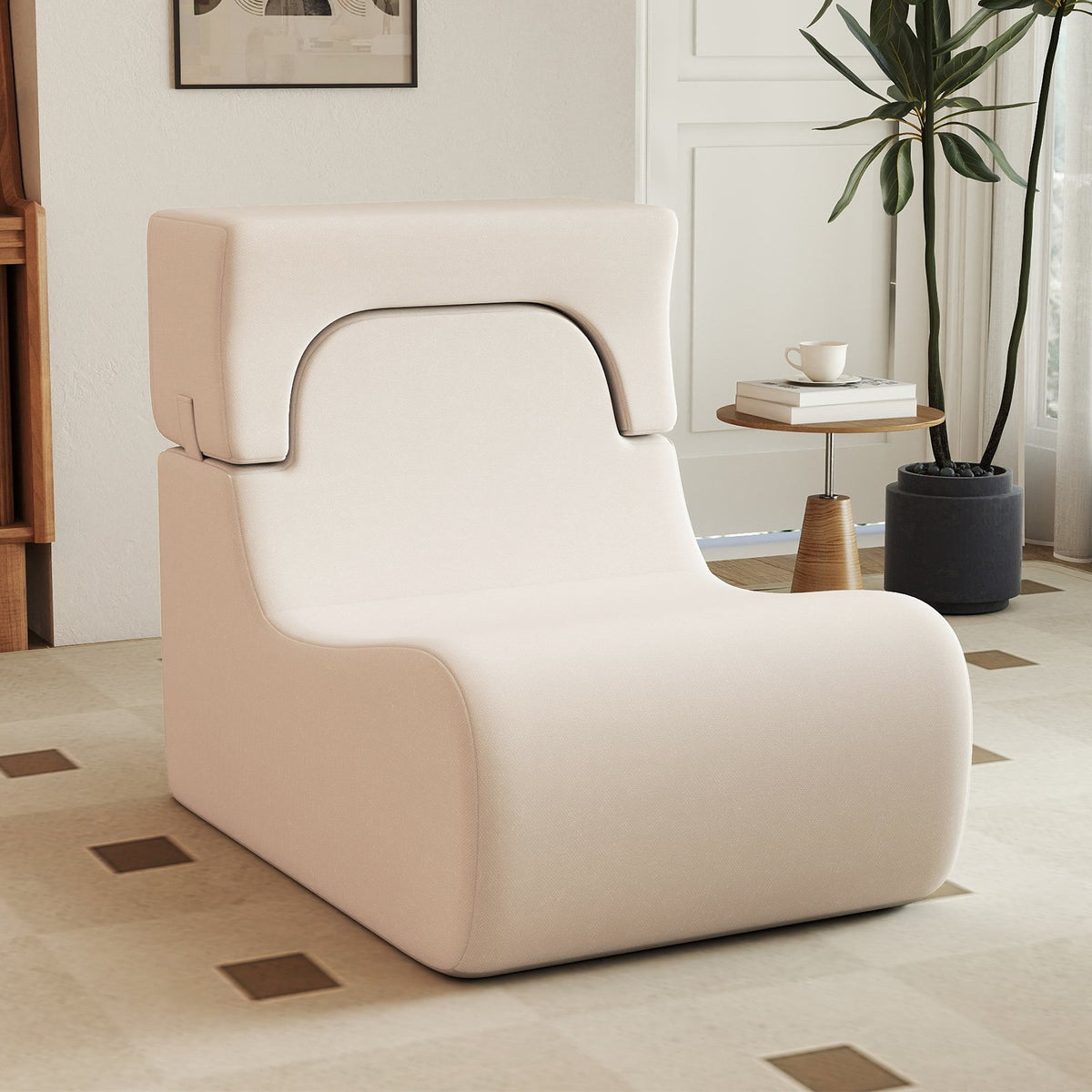 Floor Chair Lazy Sofa with Detachable Headrest-Beige view 2