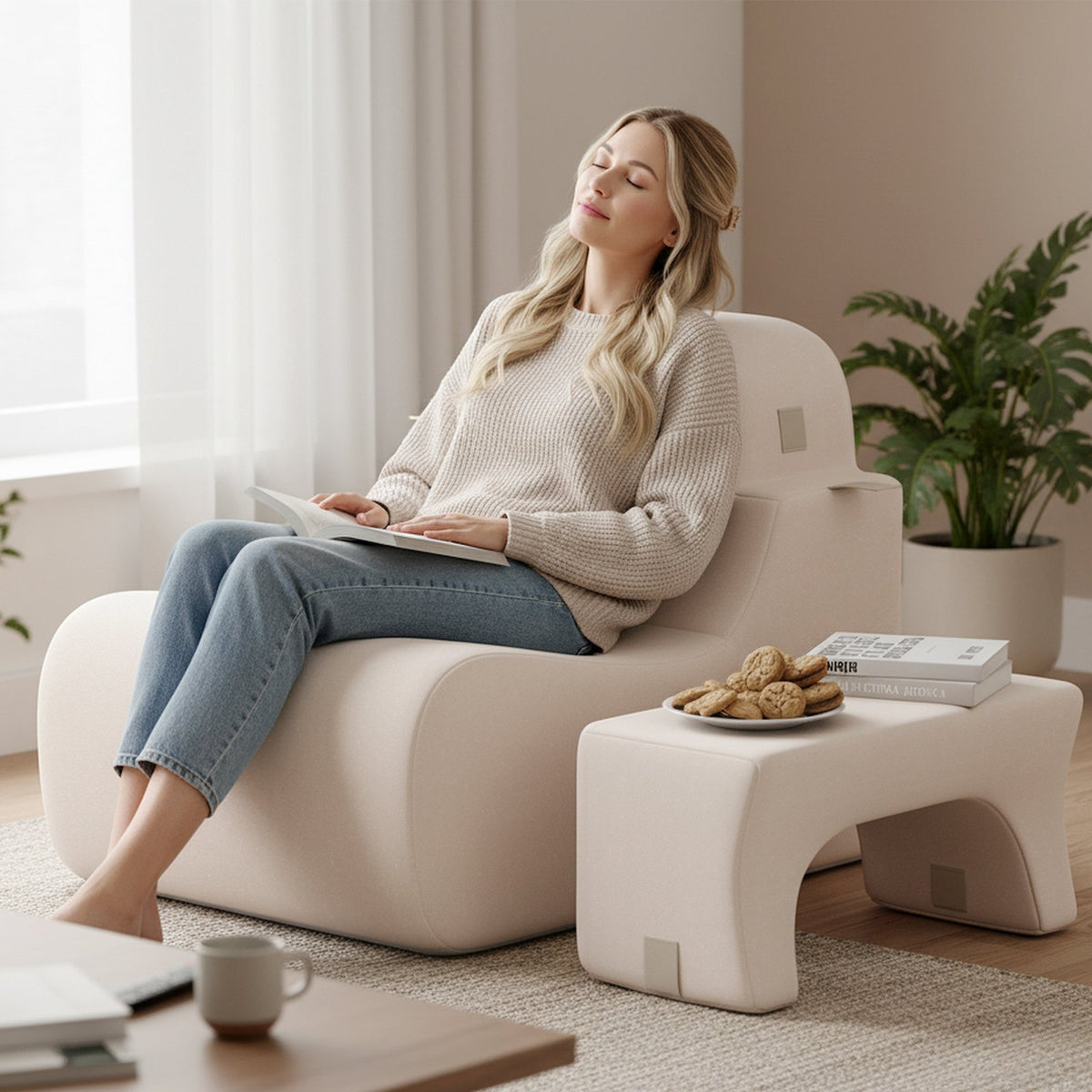 Floor Chair Lazy Sofa with Detachable Headrest-Beige view 3