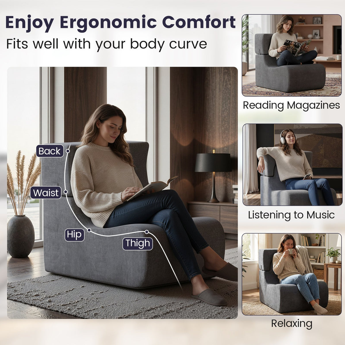Floor Chair Lazy Sofa with Detachable Headrest-Gray view 6