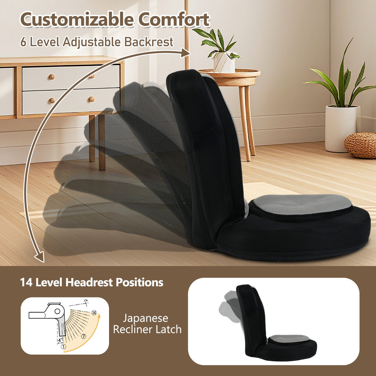 Floor Comfy Gaming Leisure Chair with Adjustable Headrest and Backrest-Gray view 8