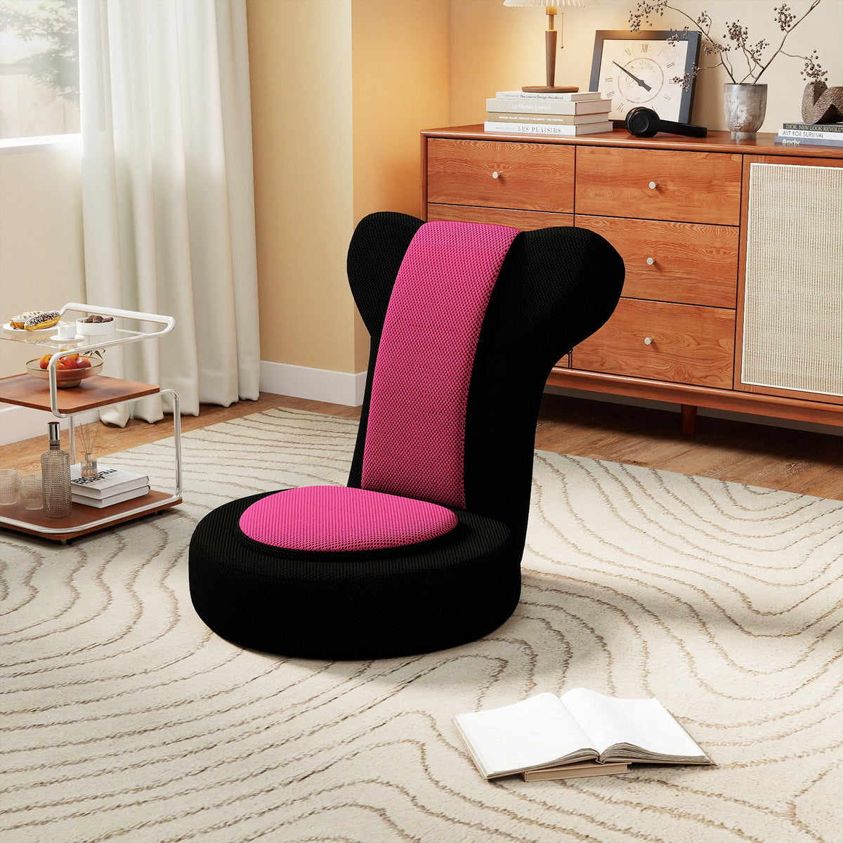 Floor Comfy Gaming Leisure Chair with Adjustable Headrest and Backrest-Pink view 2