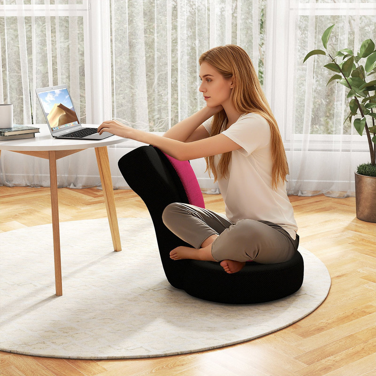 Floor Comfy Gaming Leisure Chair with Adjustable Headrest and Backrest-Pink view 3