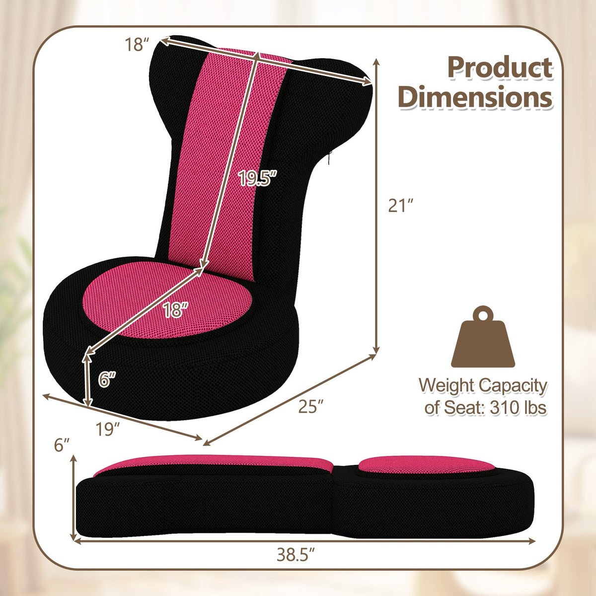 Floor Comfy Gaming Leisure Chair with Adjustable Headrest and Backrest-Pink view 5