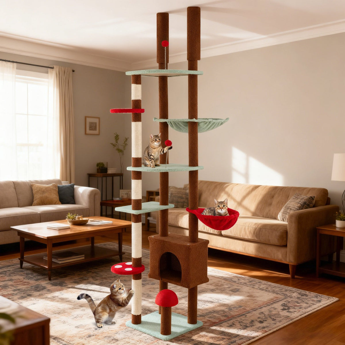 Floor to Ceiling Cat Tree Adjustable Mushroom Themed with Condo and Hammock-Brown view 2