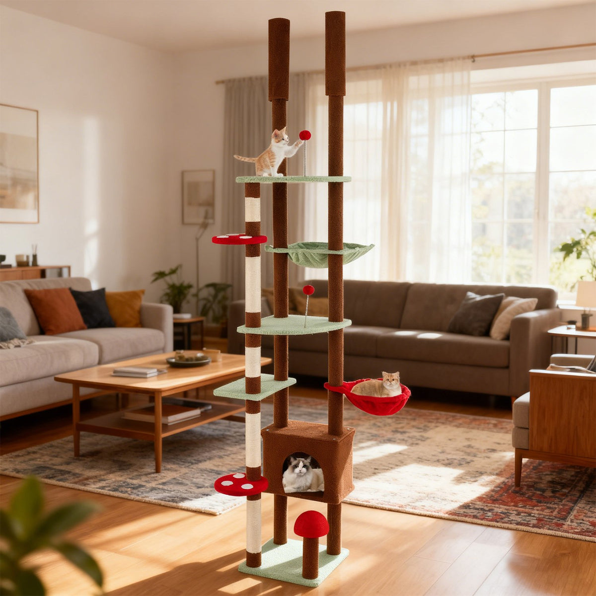 Floor to Ceiling Cat Tree Adjustable Mushroom Themed with Condo and Hammock-Brown view 3