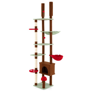 Floor to Ceiling Cat Tree Adjustable Mushroom Themed with Condo and Hammock-Brown view 4