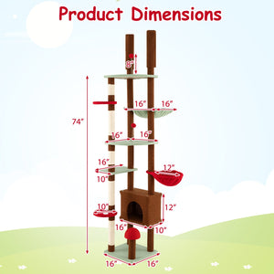 Floor to Ceiling Cat Tree Adjustable Mushroom Themed with Condo and Hammock-Brown view 5