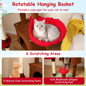 Floor to Ceiling Cat Tree Adjustable Mushroom Themed with Condo and Hammock-Brown view 6