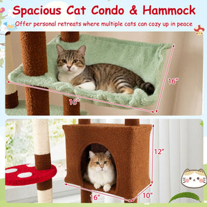 Floor to Ceiling Cat Tree Adjustable Mushroom Themed with Condo and Hammock-Brown view 7