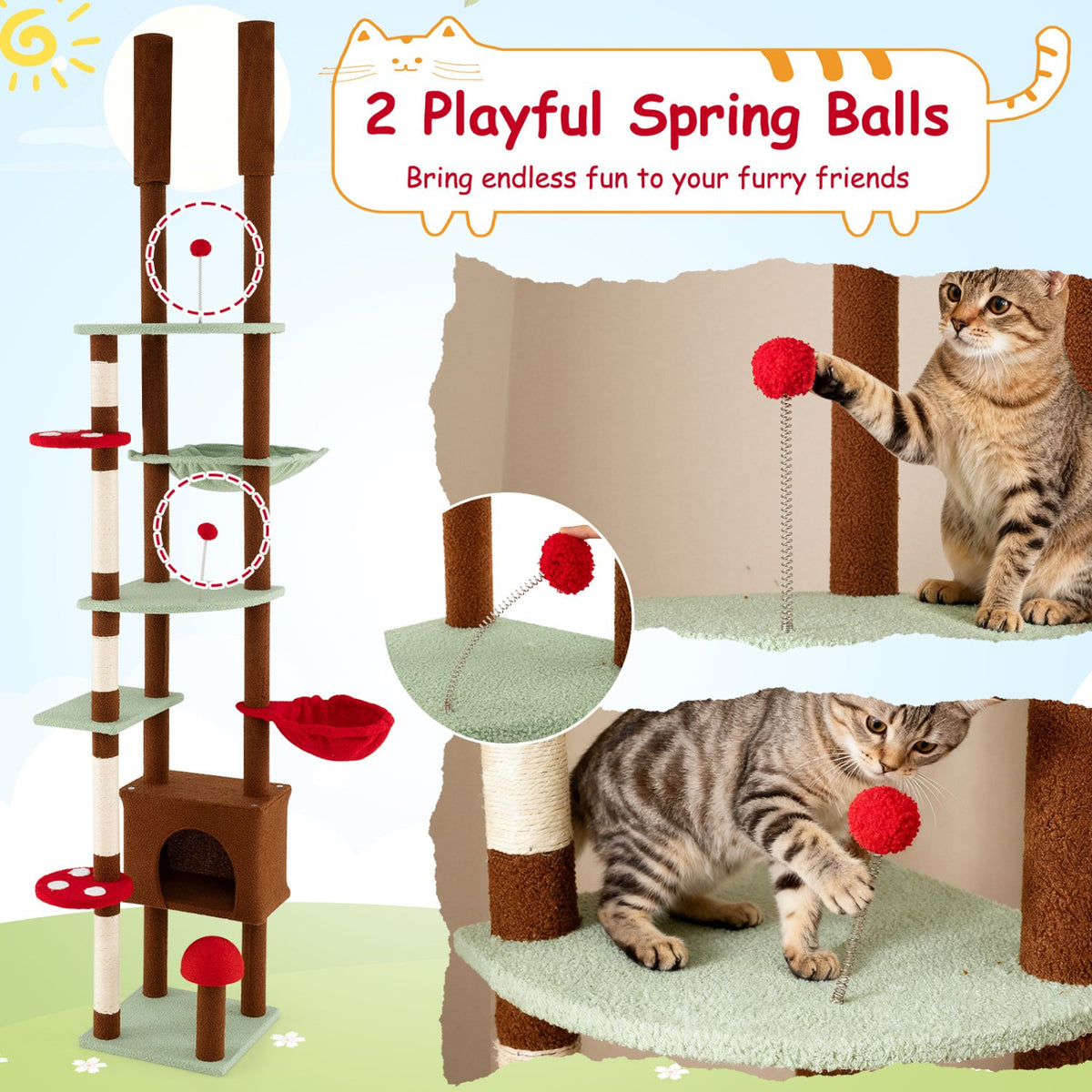 Floor to Ceiling Cat Tree Adjustable Mushroom Themed with Condo and Hammock-Brown view 8