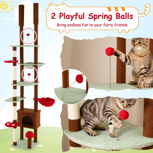 Floor to Ceiling Cat Tree Adjustable Mushroom Themed with Condo and Hammock-Brown view 8