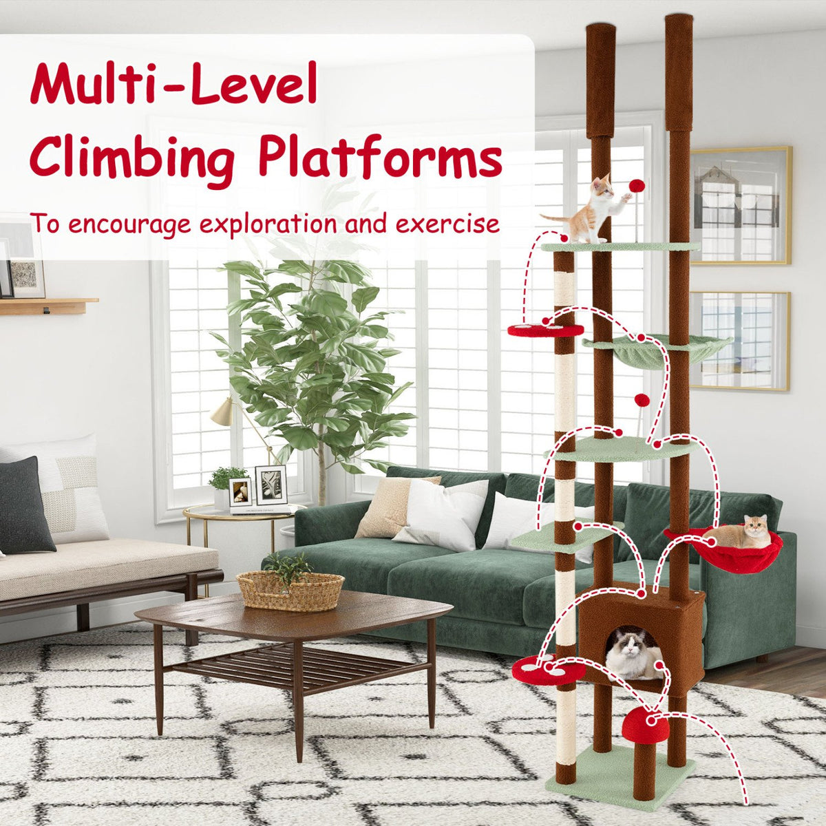 Floor to Ceiling Cat Tree Adjustable Mushroom Themed with Condo and Hammock-Brown view 9