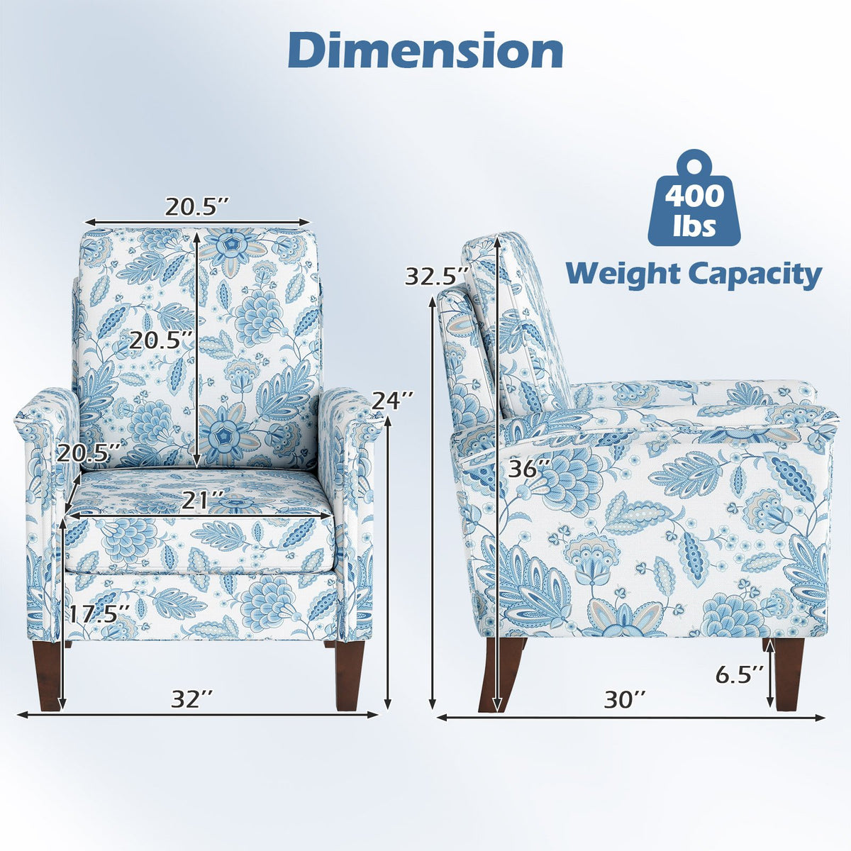 Floral Accent Chair Farmhouse Boho Armchair with Solid Wood Legs and High Back-Blue view 4
