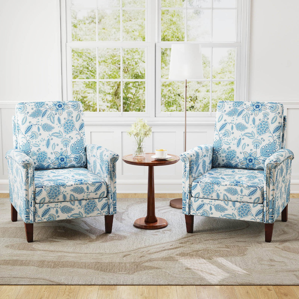 Floral Accent Chair Farmhouse Boho Armchair with Solid Wood Legs and High Back-Blue view 5