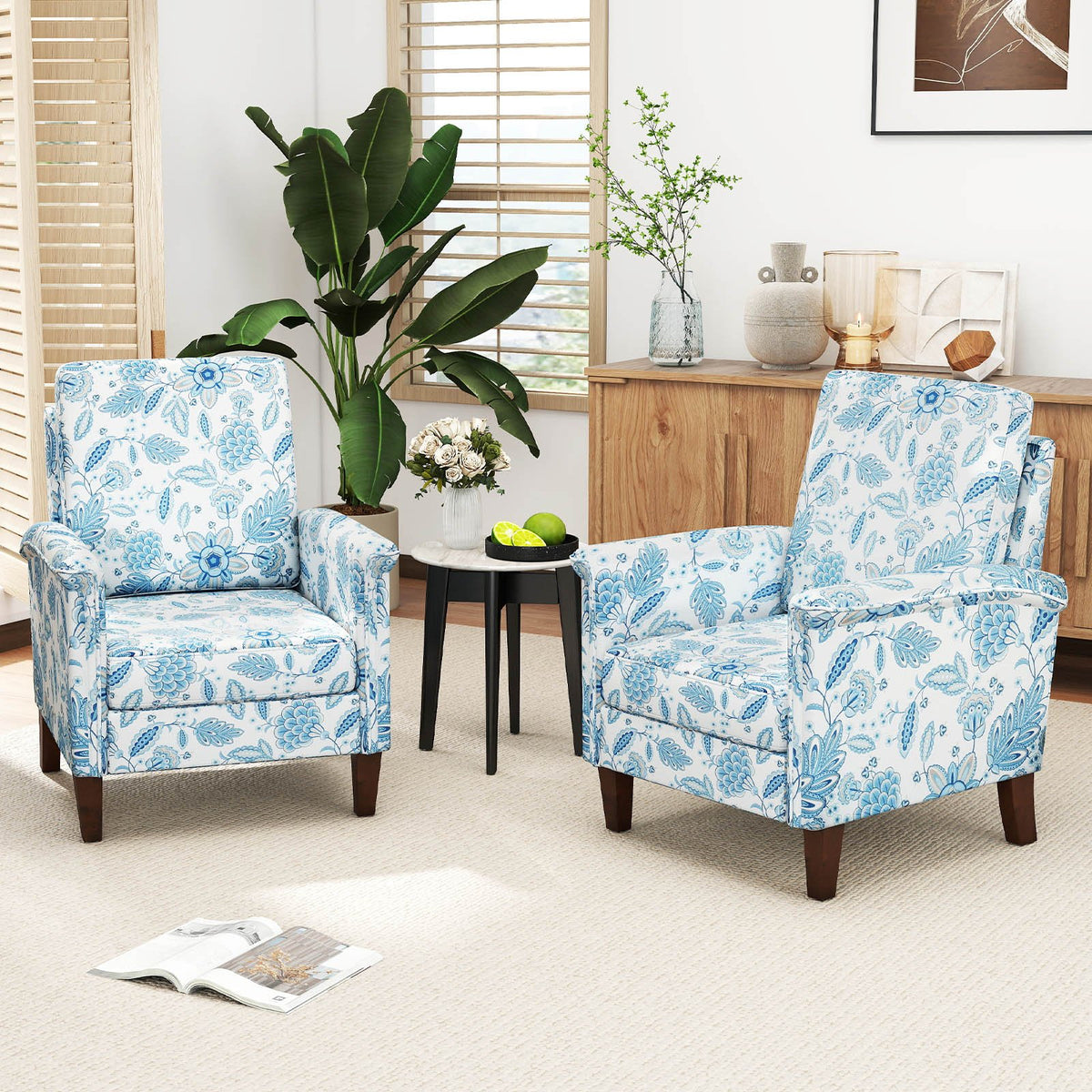 Floral Accent Chair Farmhouse Boho Armchair with Solid Wood Legs and High Back-Blue view 6