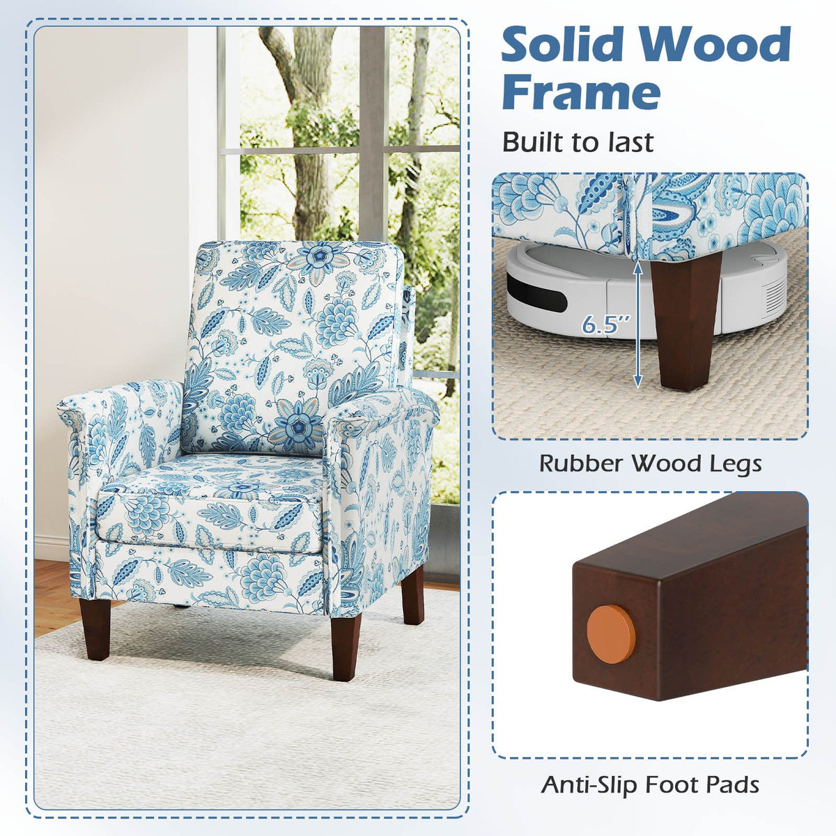 Floral Accent Chair Farmhouse Boho Armchair with Solid Wood Legs and High Back-Blue view 7