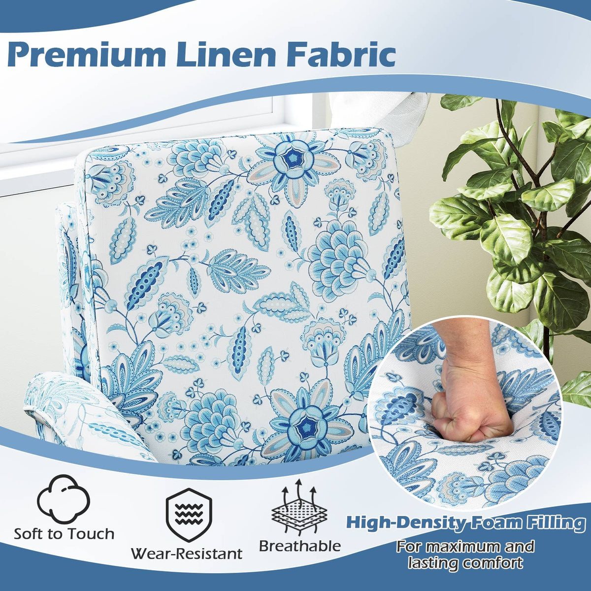 Floral Accent Chair Farmhouse Boho Armchair with Solid Wood Legs and High Back-Blue view 8