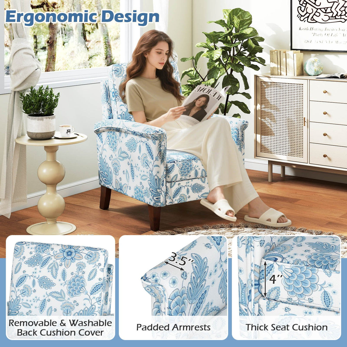 Floral Accent Chair Farmhouse Boho Armchair with Solid Wood Legs and High Back-Blue view 9