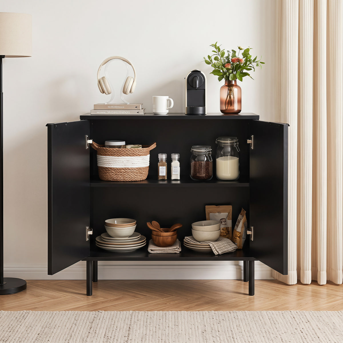 Fluted Buffet Cabinet with 2-Door Sideboard for Kitchen and Dining Room-Black view 3