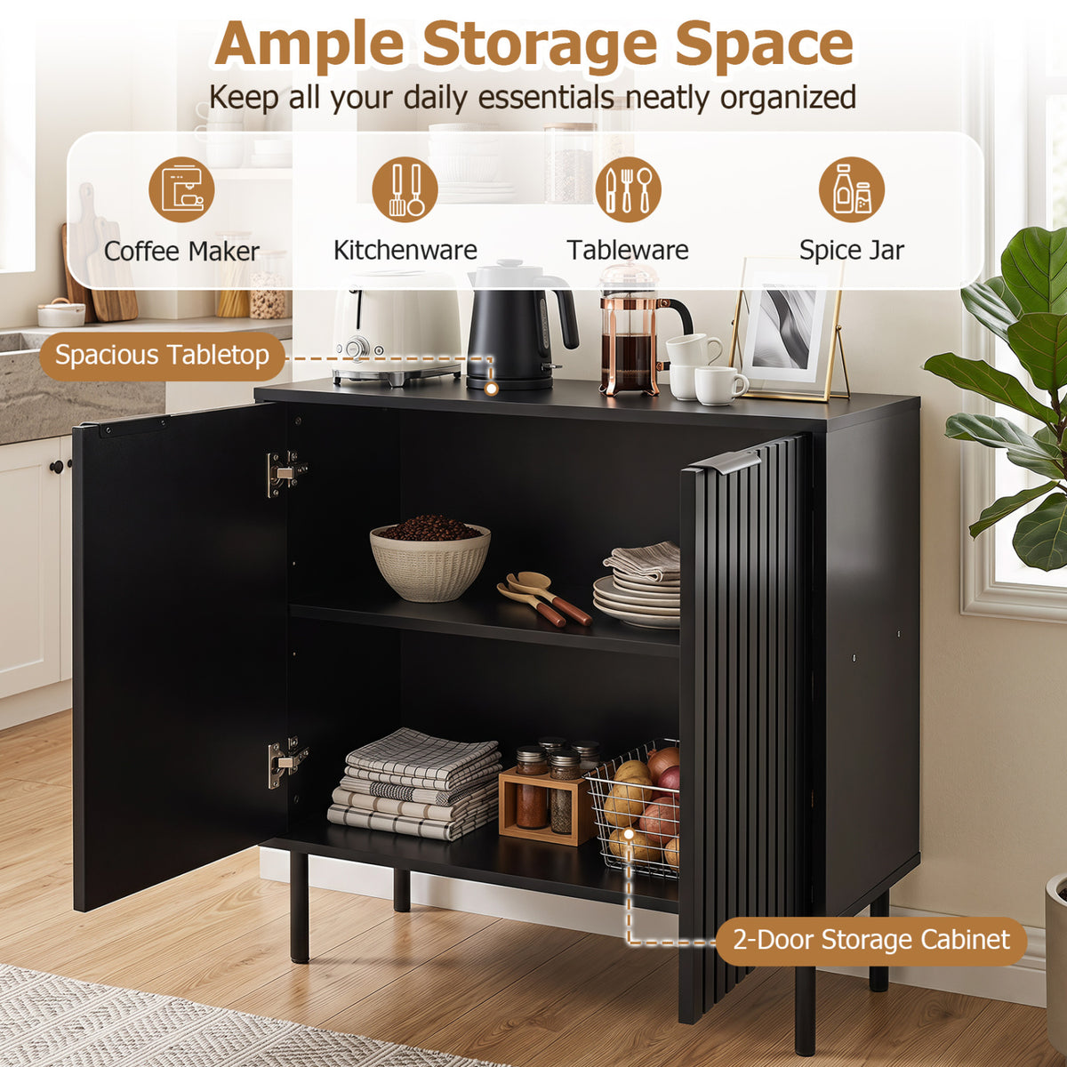 Fluted Buffet Cabinet with 2-Door Sideboard for Kitchen and Dining Room-Black view 7