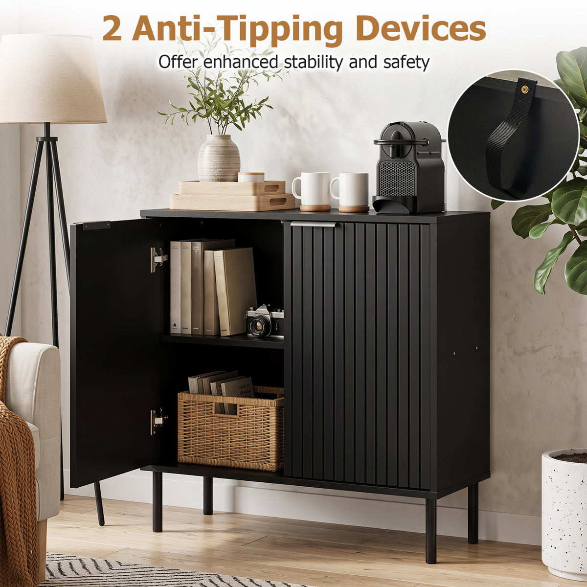 Fluted Buffet Cabinet with 2-Door Sideboard for Kitchen and Dining Room-Black view 8
