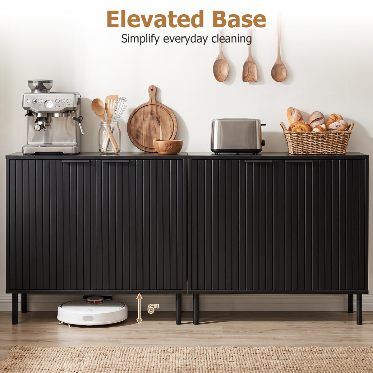 Fluted Buffet Cabinet with 2-Door Sideboard for Kitchen and Dining Room-Black view 9
