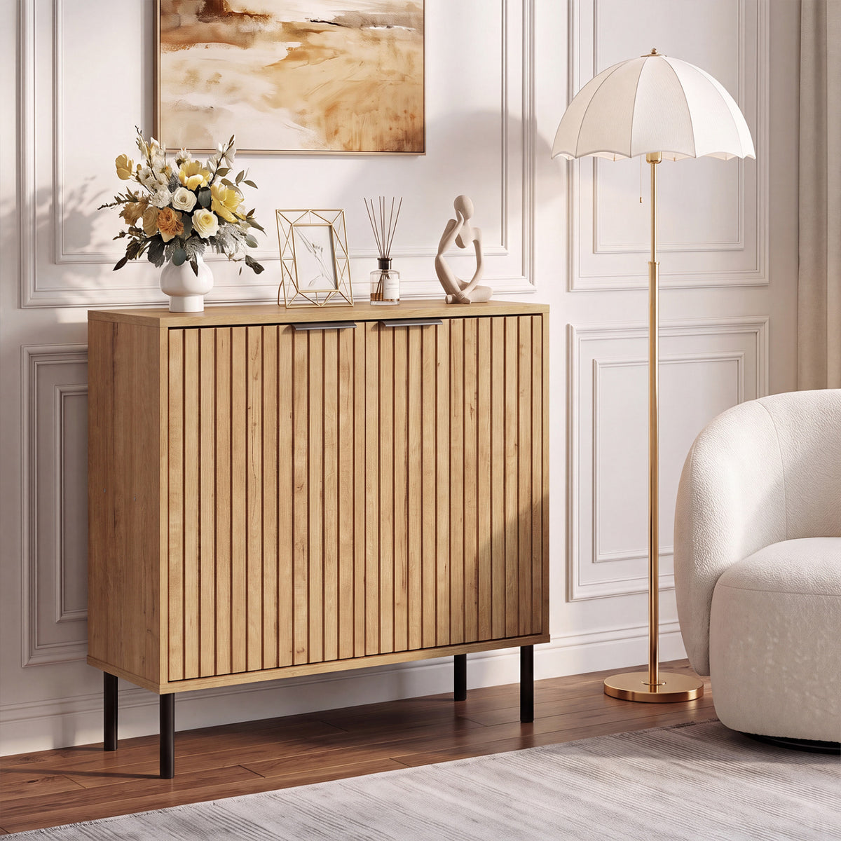 Fluted Buffet Cabinet with 2-Door Sideboard for Kitchen and Dining Room-Oak view 2