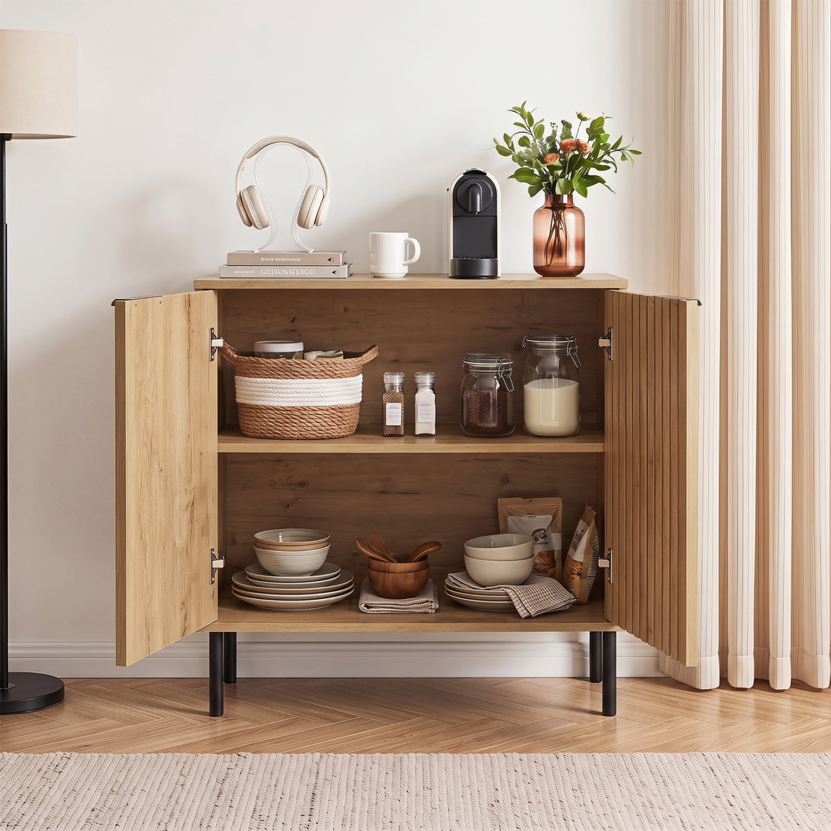 Fluted Buffet Cabinet with 2-Door Sideboard for Kitchen and Dining Room-Oak view 6